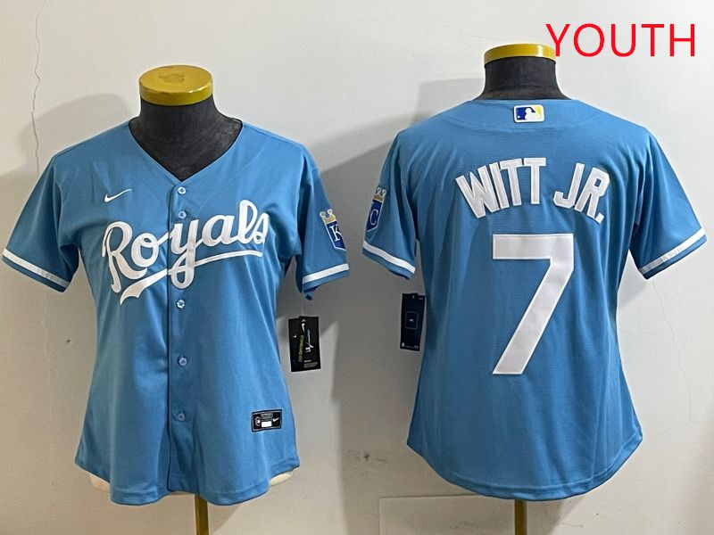 Youth Kansas City Royals 7 Witt jr Light Blue Game 2025 Nike MLB Jersey style 3